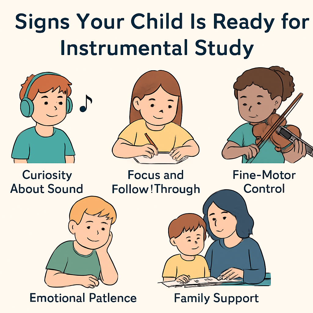 Infographic showing five signs a child is ready for music lessons — curiosity about sound, focus, fine-motor control, emotional patience, and family support — in a friendly, educational design.
